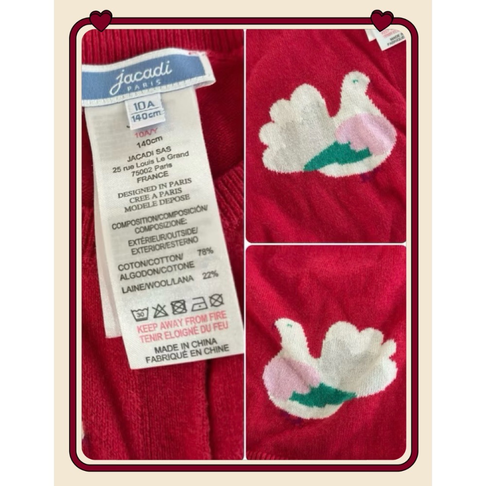 法國 🇫🇷 JACADI 紅色 針織小外套 女童 童裝 罩衫 羊毛 長袖 保暖 過年🧧 喜慶 氣質-細節圖3