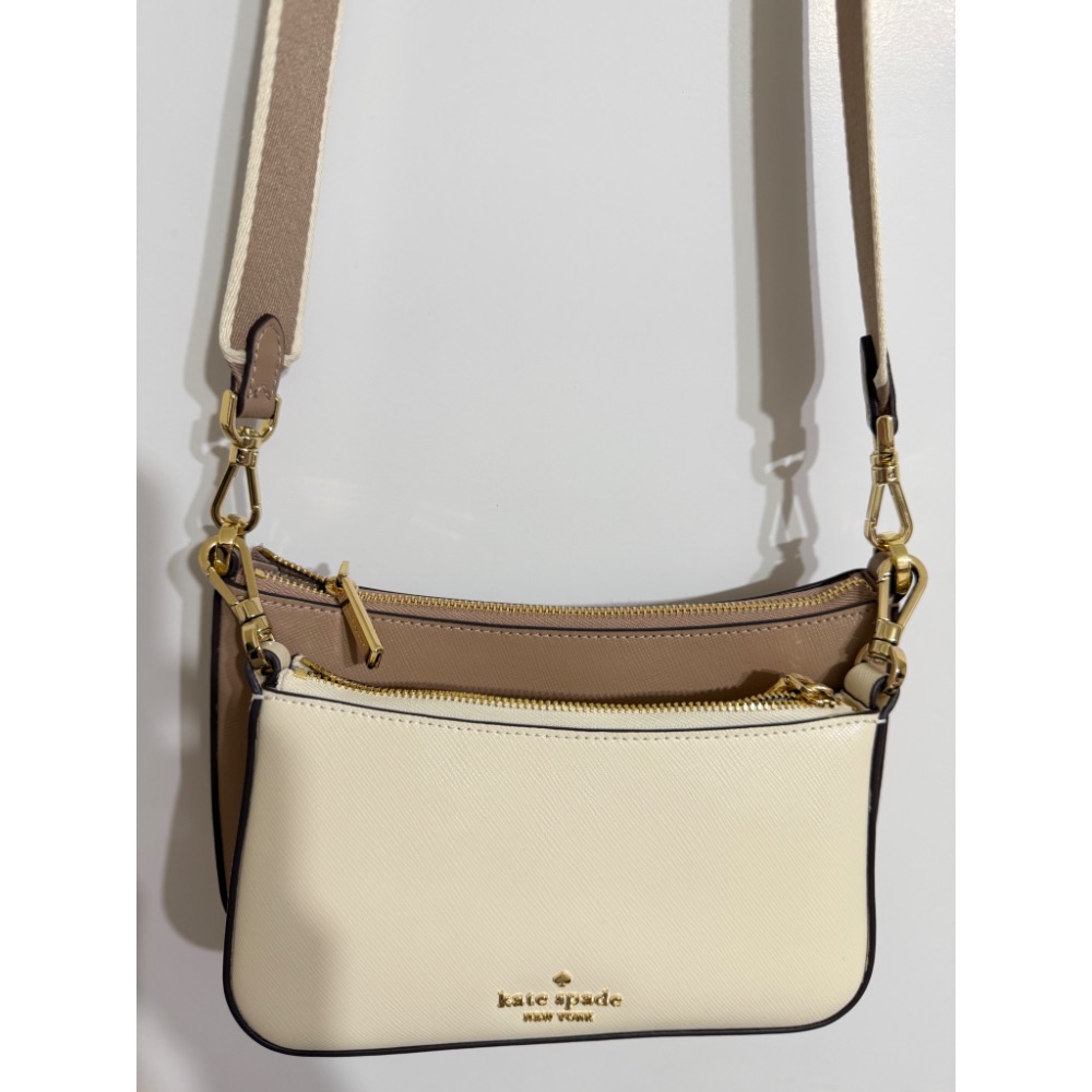 KATE SPADE 防刮拉鍊斜背雙背包 奶茶色/白-細節圖3