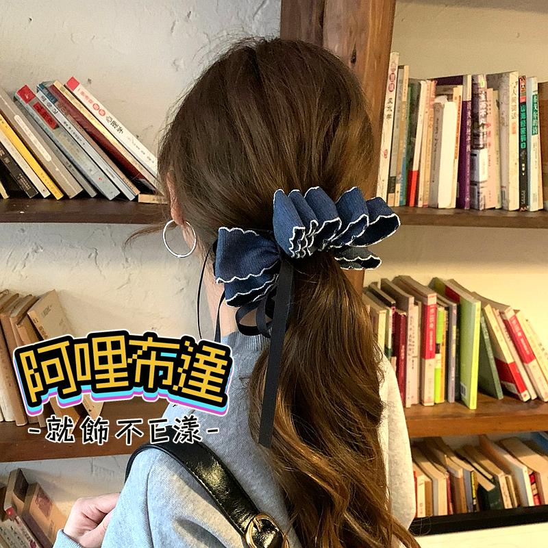 【阿哩布達】👉【髮飾】台灣現貨 快速出貨DFJ46 甜美INS風 精緻牛仔布質緞帶髮夾 香蕉夾 外拍 新娘秘書 新娘飾品-細節圖3