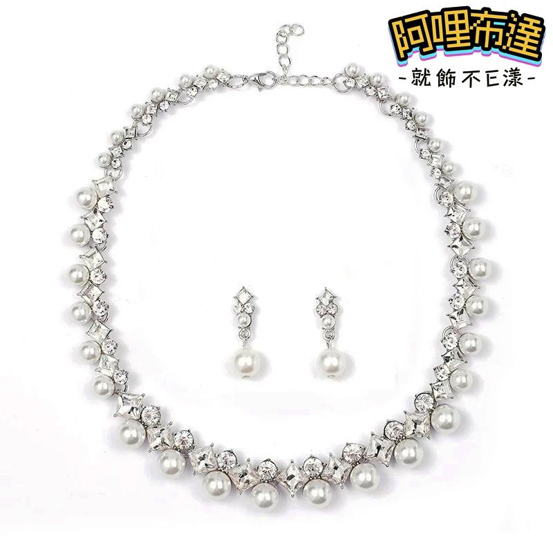【阿哩布達】👉【套鍊組】台灣現貨 快速出貨TL39 美麗新娘 精緻水鑽方型鋯石珍珠項鍊耳環套組 二件組 新秘 新娘項鍊-細節圖4