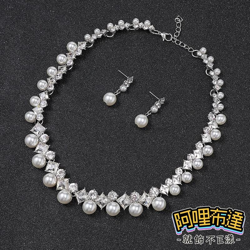 【阿哩布達】👉【套鍊組】台灣現貨 快速出貨TL39 美麗新娘 精緻水鑽方型鋯石珍珠項鍊耳環套組 二件組 新秘 新娘項鍊-細節圖5