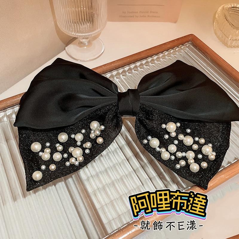 【阿哩布達】👉【髮飾】台灣現貨 快速出貨DFJ07 抖音熱門 甜美風 超大蕾絲蝴蝶結珍珠髮夾 大髮夾 彈簧夾 新娘飾品-細節圖3