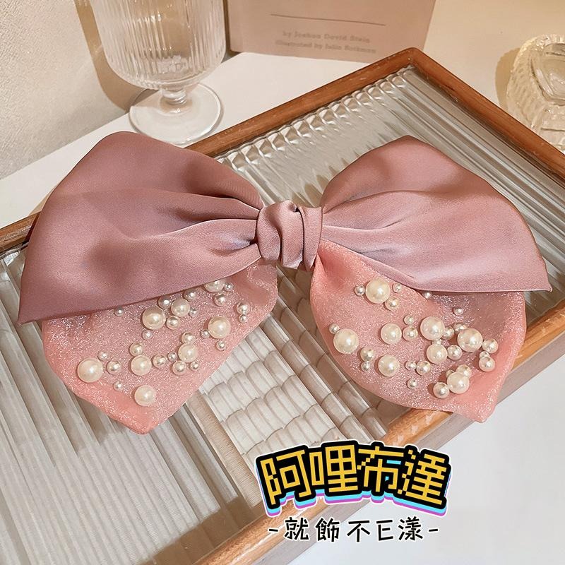 【阿哩布達】👉【髮飾】台灣現貨 快速出貨DFJ07 抖音熱門 甜美風 超大蕾絲蝴蝶結珍珠髮夾 大髮夾 彈簧夾 新娘飾品-細節圖5