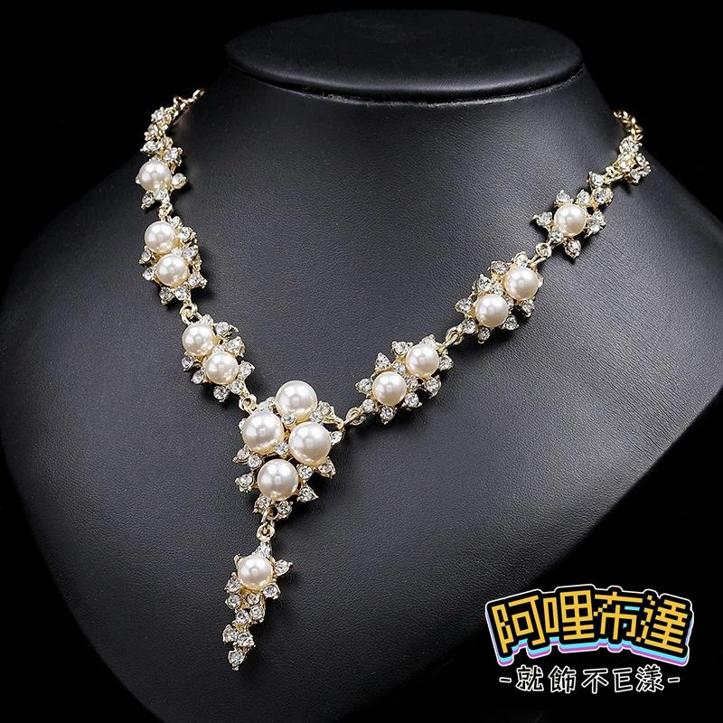 【阿哩布達】👉【套鍊組】台灣現貨 快速出貨TL40 美麗新娘 珍珠水鑽花朵流蘇項鍊耳針套組 耳夾套組 二件組 新娘項鍊-細節圖3