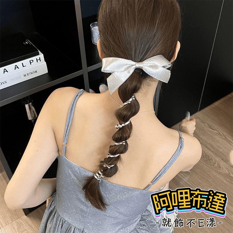 【阿哩布達】👉【髮飾】台灣現貨 快速出貨PFC10 銀色絲維 蝴蝶結珠珠電話線盤髮器 居家旅行 約會出遊 生活必備-細節圖2