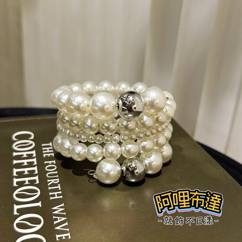 【阿哩布達】👉【手鍊】台灣現貨 快速出貨SH102 時尚簡約 精緻多層次造型珍珠纏繞開口手環 新娘飾品 新娘秘書 約會-細節圖2