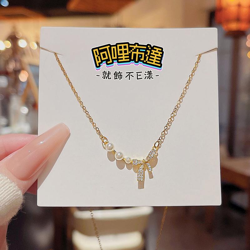 【阿哩布達】👉【項鍊】台灣現貨 快速出貨SL138 精緻小巧 水鑽蝴蝶結珍珠拼接項鍊 鎖骨鍊 頸鍊 短項鍊 新娘秘書-細節圖2
