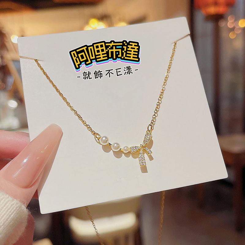 【阿哩布達】👉【項鍊】台灣現貨 快速出貨SL138 精緻小巧 水鑽蝴蝶結珍珠拼接項鍊 鎖骨鍊 頸鍊 短項鍊 新娘秘書-細節圖5