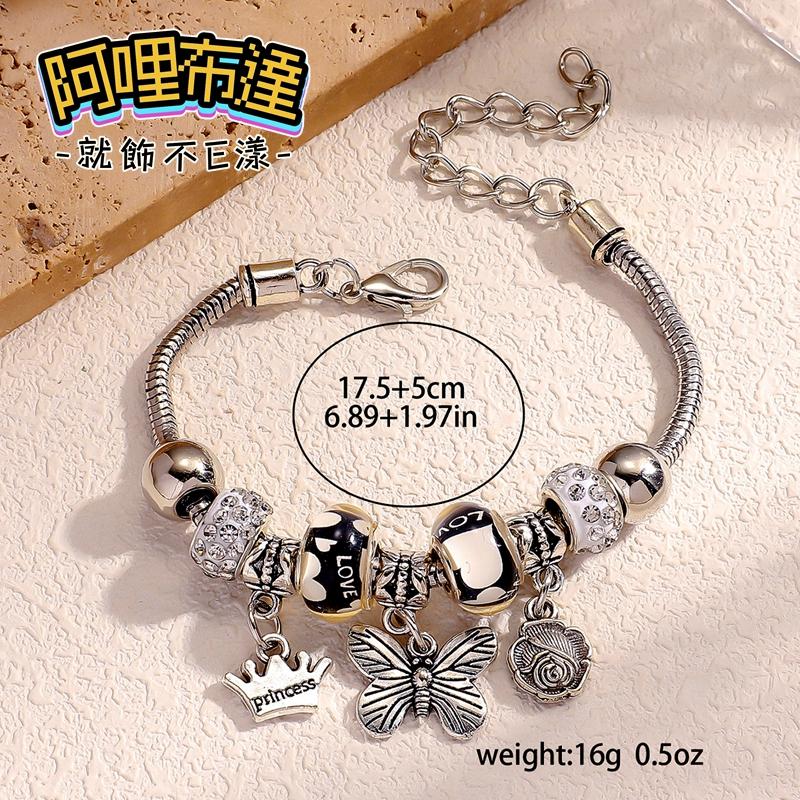 【阿哩布達】👉【手鍊】台灣現貨 快速出貨SH106 精緻手作 玻璃珠花朵蝴蝶皇冠水鑽球潘多拉串珠手鍊 新秘 新娘飾品-細節圖3