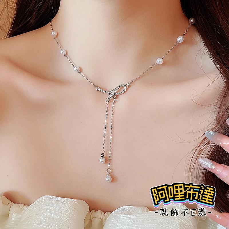 【阿哩布達】👉【項鍊】台灣現貨 快速出貨SL142 閃耀水鑽線條珍珠吊墜項鍊 鎖骨鍊 頸鍊 短項鍊 新娘飾品 新娘秘書-細節圖3