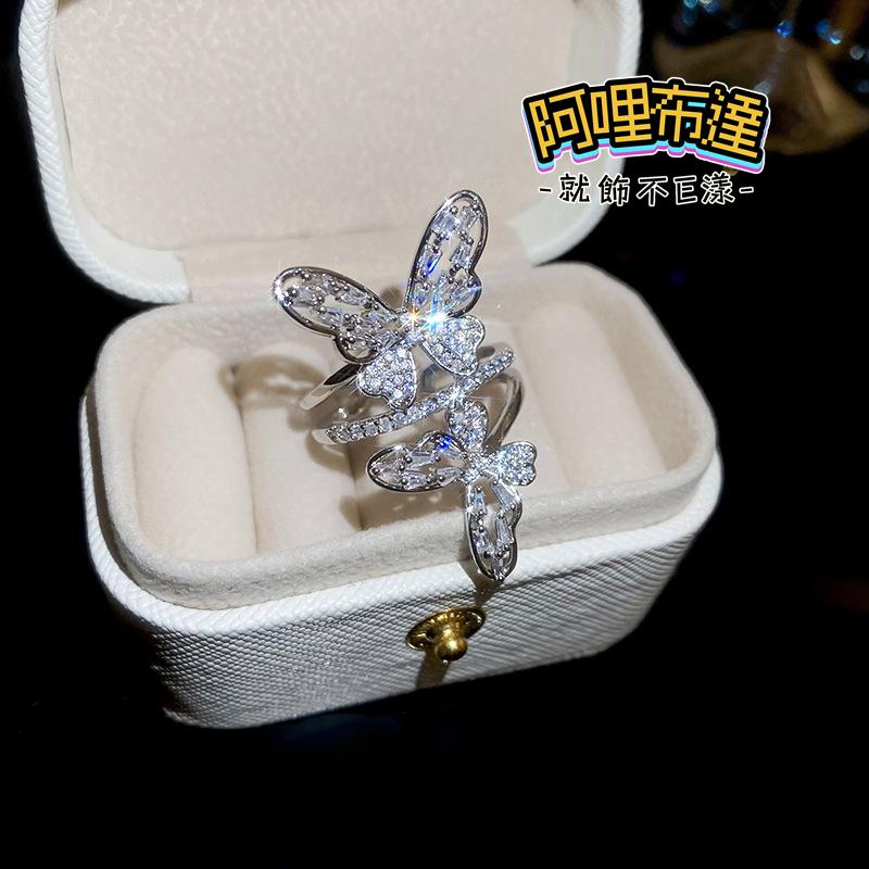 【阿哩布達】👉【戒指】台灣現貨 快速出貨JZ22 甜美風 精緻水鑽雙層蝴蝶戒指 寬版戒指 開口戒 新娘秘書 新娘飾品-細節圖2