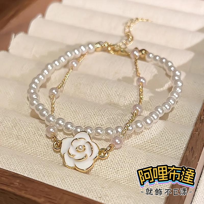 【阿哩布達】👉【手鍊】台灣現貨 快速出貨SH98 小香風 精緻山茶花珍珠雙層手鍊 約會 喜宴 晚會 新娘飾品 新娘秘書-細節圖5