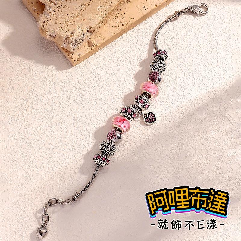 【阿哩布達】👉【手鍊】台灣現貨 快速出貨SH108 精緻高雅 手作玻璃珠鏤空粉色水鑽球潘多拉串珠手鍊 新秘 新娘飾品-細節圖4