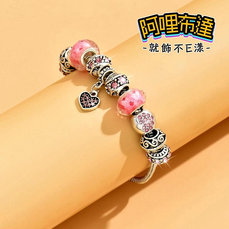 【阿哩布達】👉【手鍊】台灣現貨 快速出貨SH108 精緻高雅 手作玻璃珠鏤空粉色水鑽球潘多拉串珠手鍊 新秘 新娘飾品-細節圖6