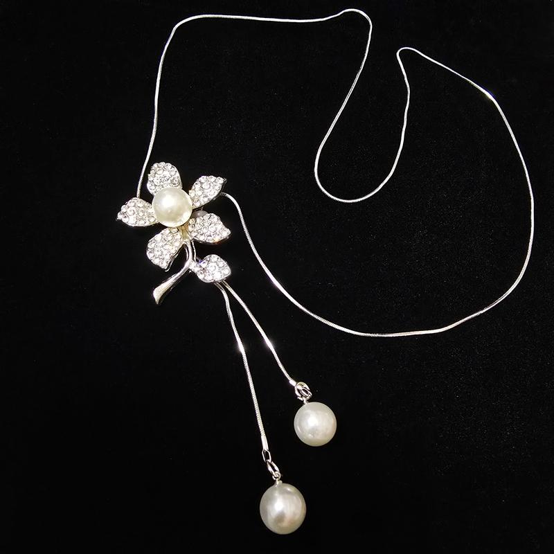 【阿哩布達】👉【項鍊】台灣現貨 快速出貨SL151 精緻閃亮 滿鑽桐花花朵珍珠吊墜長項鍊 Y字鍊 毛衣鍊 (可調整)-細節圖4