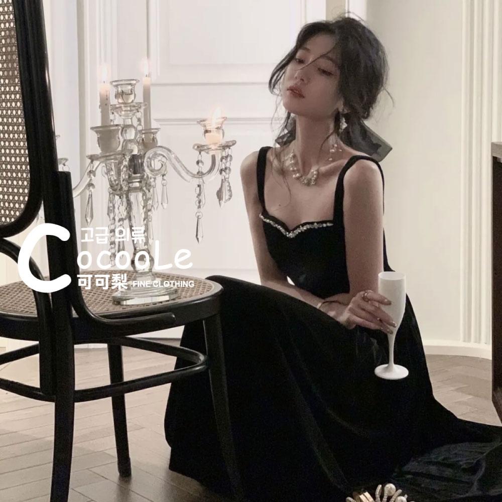 韓版浪漫氛圍冬季新款法式古典黑絲絨精緻水鑽M型領收腰洋裝 (細肩帶/長袖二款) 冬季洋裝 氣質洋裝 婚禮洋裝 秋冬洋裝-細節圖2