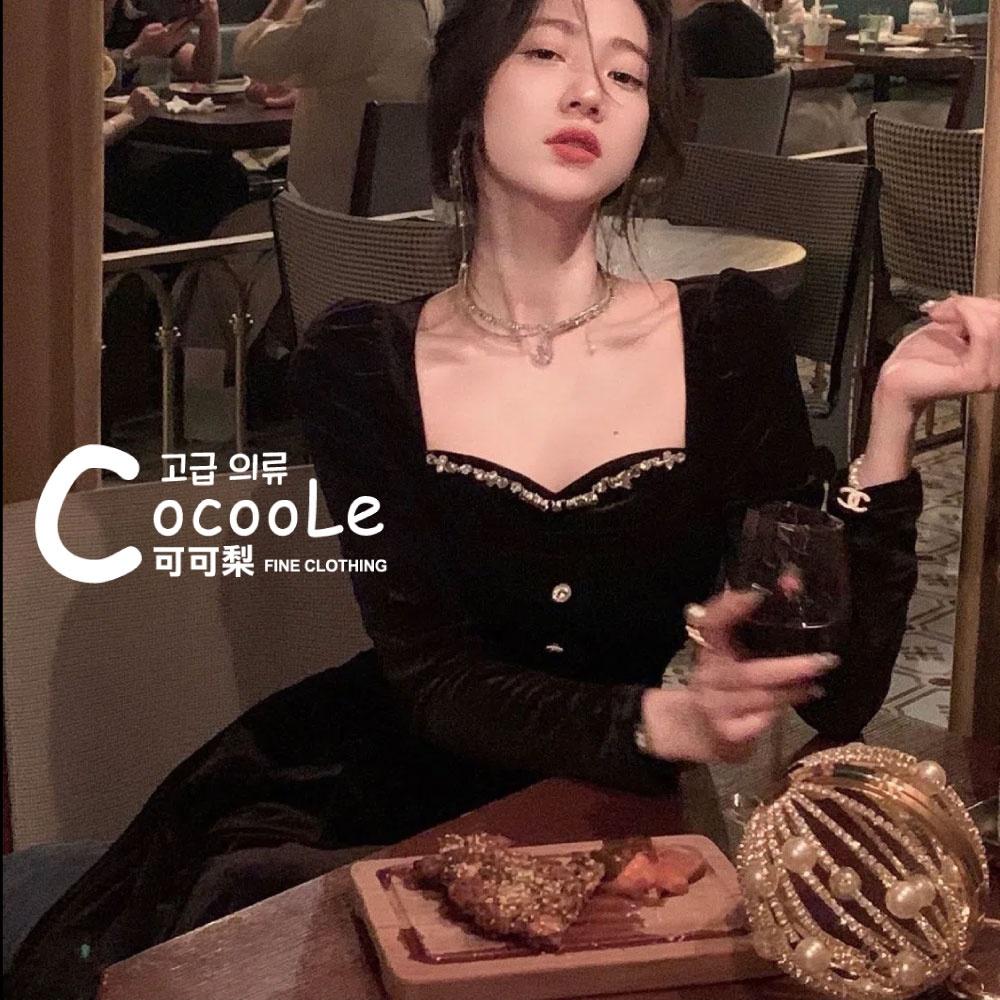 韓版浪漫氛圍冬季新款法式古典黑絲絨精緻水鑽M型領收腰洋裝 (細肩帶/長袖二款) 冬季洋裝 氣質洋裝 婚禮洋裝 秋冬洋裝-細節圖3