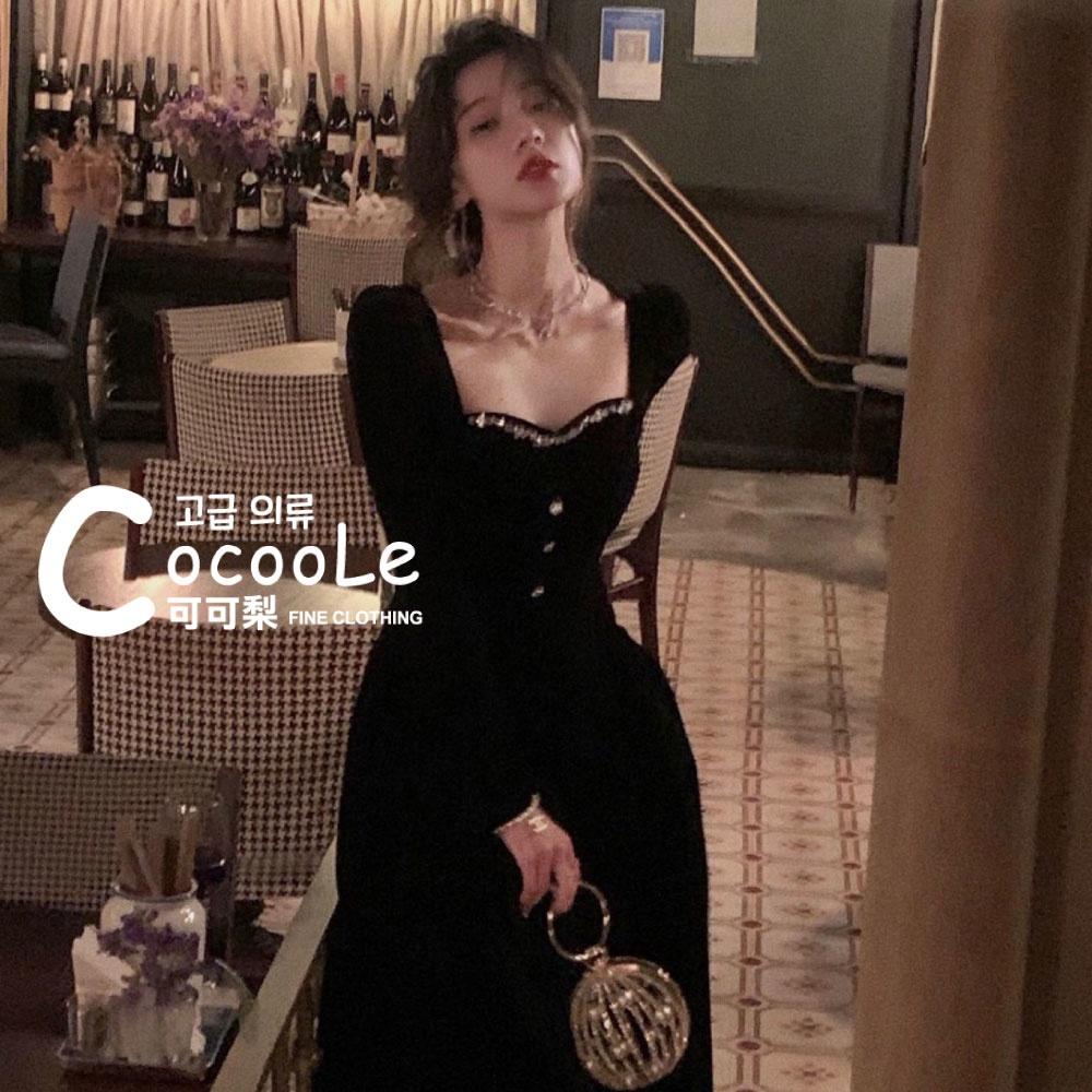 韓版浪漫氛圍冬季新款法式古典黑絲絨精緻水鑽M型領收腰洋裝 (細肩帶/長袖二款) 冬季洋裝 氣質洋裝 婚禮洋裝 秋冬洋裝-細節圖4