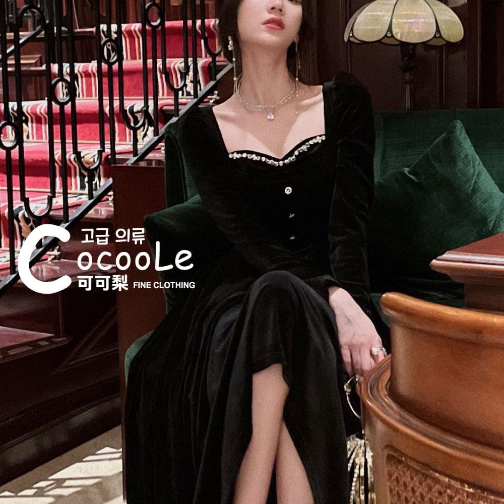 韓版浪漫氛圍冬季新款法式古典黑絲絨精緻水鑽M型領收腰洋裝 (細肩帶/長袖二款) 冬季洋裝 氣質洋裝 婚禮洋裝 秋冬洋裝-細節圖5