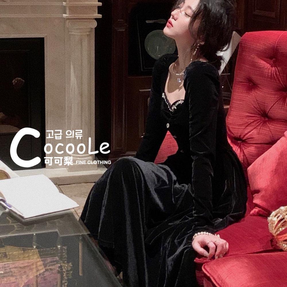 韓版浪漫氛圍冬季新款法式古典黑絲絨精緻水鑽M型領收腰洋裝 (細肩帶/長袖二款) 冬季洋裝 氣質洋裝 婚禮洋裝 秋冬洋裝-細節圖6