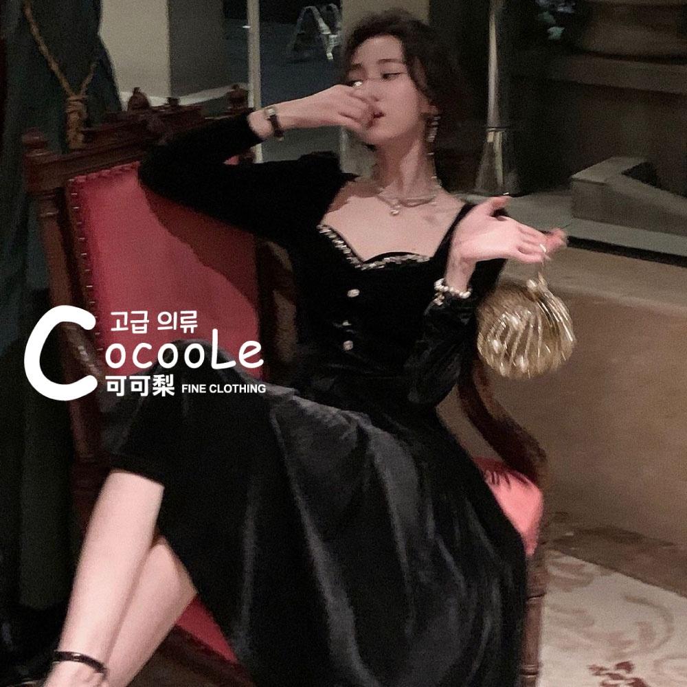 韓版浪漫氛圍冬季新款法式古典黑絲絨精緻水鑽M型領收腰洋裝 (細肩帶/長袖二款) 冬季洋裝 氣質洋裝 婚禮洋裝 秋冬洋裝-細節圖7