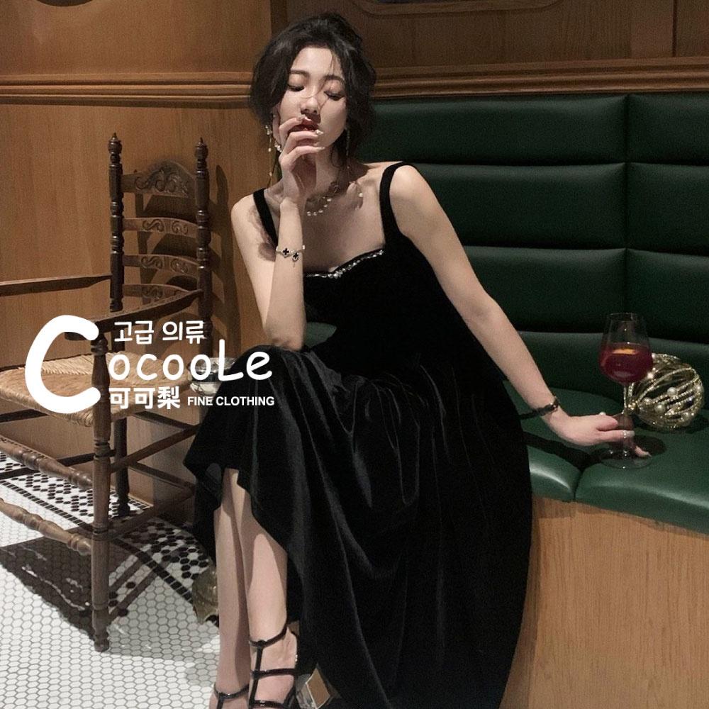 韓版浪漫氛圍冬季新款法式古典黑絲絨精緻水鑽M型領收腰洋裝 (細肩帶/長袖二款) 冬季洋裝 氣質洋裝 婚禮洋裝 秋冬洋裝-細節圖8