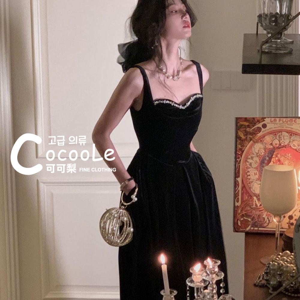 韓版浪漫氛圍冬季新款法式古典黑絲絨精緻水鑽M型領收腰洋裝 (細肩帶/長袖二款) 冬季洋裝 氣質洋裝 婚禮洋裝 秋冬洋裝-細節圖9