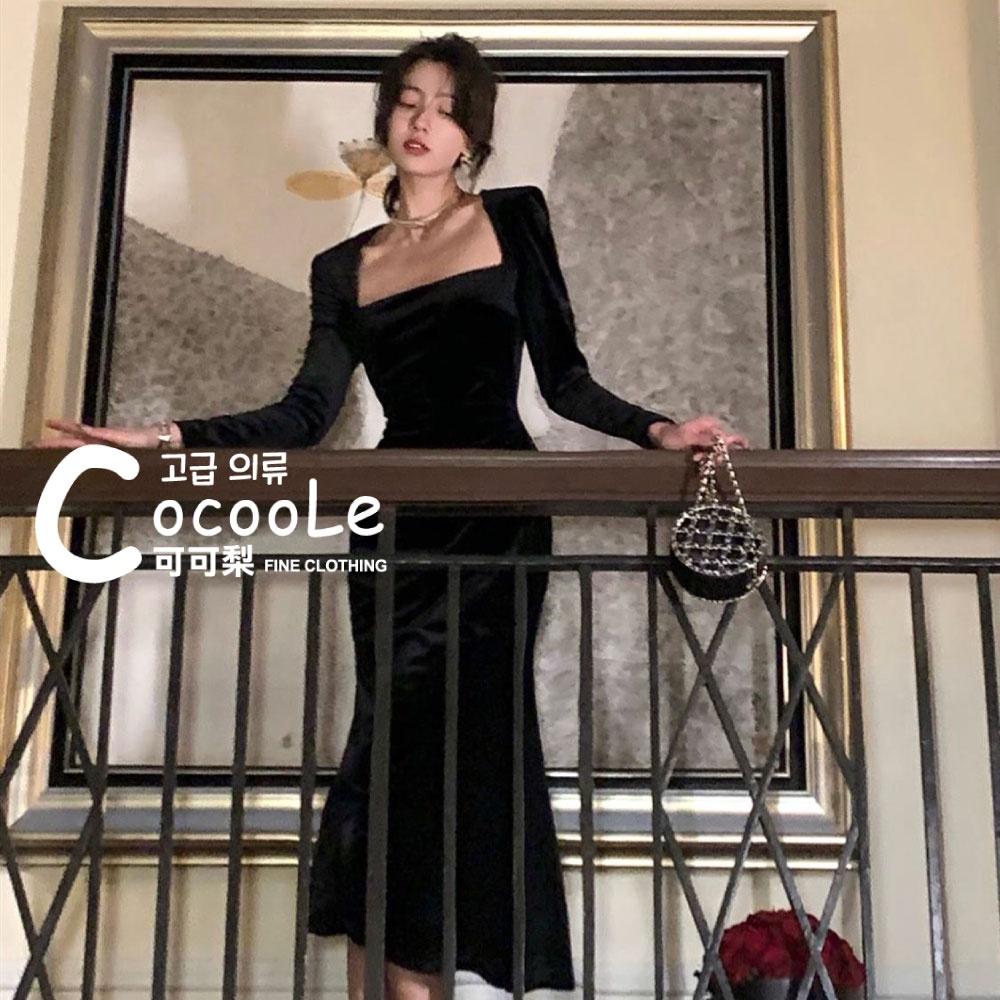 韓版微醺氛圍冬季新款高級感絲絨方領魚尾洋裝 冬季洋裝 絲絨洋裝 方領洋裝 魚尾洋裝 收腰洋裝 小禮服 氣質洋裝 婚禮洋裝-細節圖2