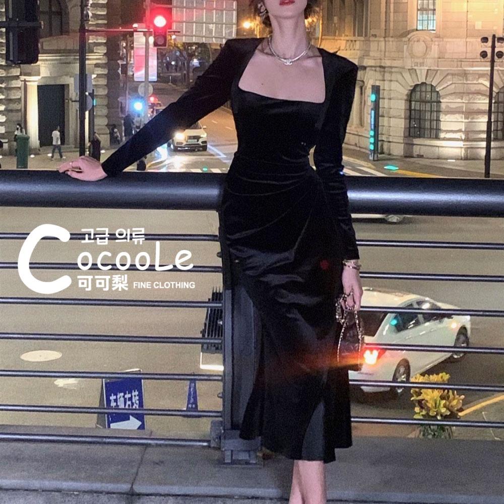韓版微醺氛圍冬季新款高級感絲絨方領魚尾洋裝 冬季洋裝 絲絨洋裝 方領洋裝 魚尾洋裝 收腰洋裝 小禮服 氣質洋裝 婚禮洋裝-細節圖3