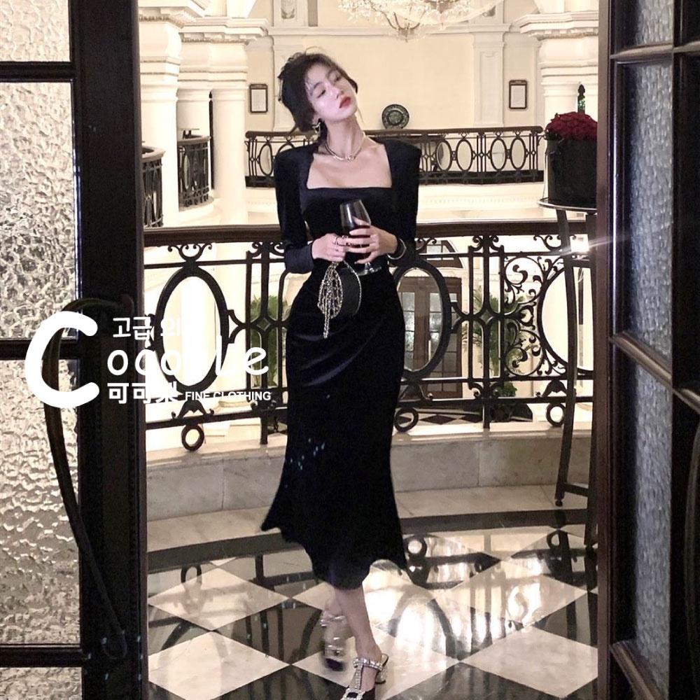 韓版微醺氛圍冬季新款高級感絲絨方領魚尾洋裝 冬季洋裝 絲絨洋裝 方領洋裝 魚尾洋裝 收腰洋裝 小禮服 氣質洋裝 婚禮洋裝-細節圖4