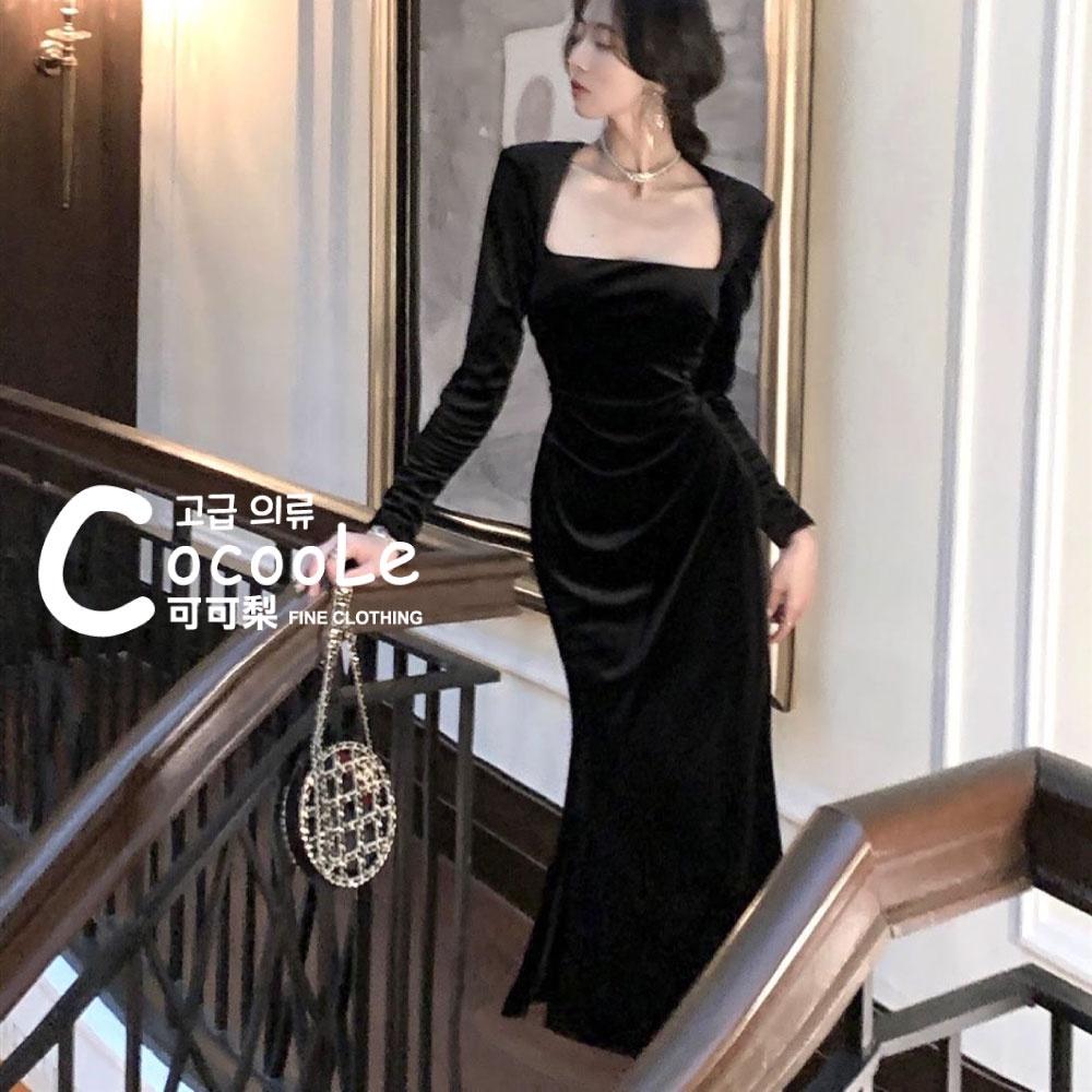 韓版微醺氛圍冬季新款高級感絲絨方領魚尾洋裝 冬季洋裝 絲絨洋裝 方領洋裝 魚尾洋裝 收腰洋裝 小禮服 氣質洋裝 婚禮洋裝-細節圖5