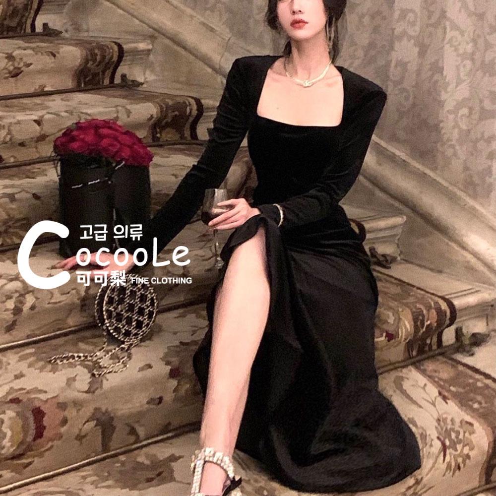 韓版微醺氛圍冬季新款高級感絲絨方領魚尾洋裝 冬季洋裝 絲絨洋裝 方領洋裝 魚尾洋裝 收腰洋裝 小禮服 氣質洋裝 婚禮洋裝-細節圖6