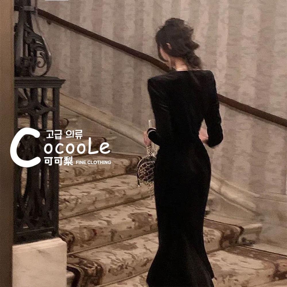 韓版微醺氛圍冬季新款高級感絲絨方領魚尾洋裝 冬季洋裝 絲絨洋裝 方領洋裝 魚尾洋裝 收腰洋裝 小禮服 氣質洋裝 婚禮洋裝-細節圖9
