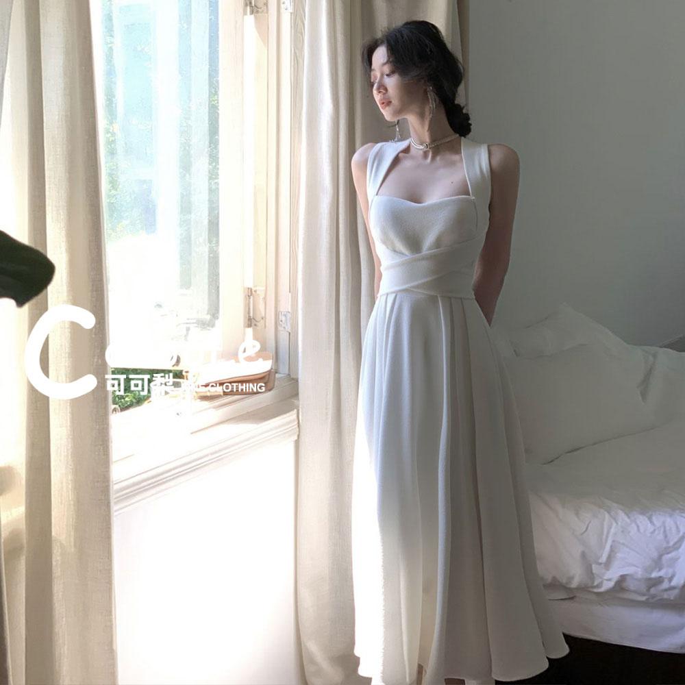 韓版🇰🇷慵懶氛圍夏季新款法式赫本寬肩帶交叉綁帶收腰露背洋裝(遮副乳一級棒!!) 露背洋裝 韓版洋裝 收腰洋裝 赫本洋裝-細節圖5