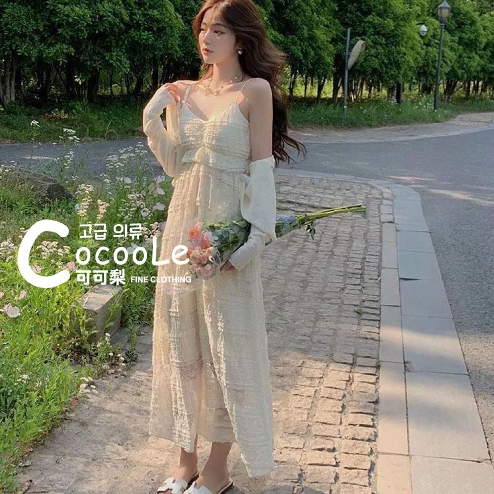 韓版🇰🇷浪漫氛圍溫柔系奶FU超甜美杏色V領細肩帶蕾絲寬鬆洋裝 渡假洋裝 蕾絲洋裝 氣質洋裝 寬鬆洋裝 海邊洋裝 質感洋裝-細節圖4