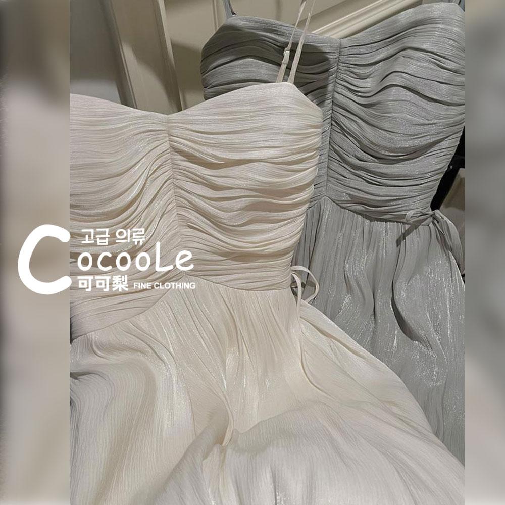 韓版🇰🇷浪漫氛圍春夏新款高腰皺褶珠光閃閃亮紗法式洋裝 春夏洋裝 細肩帶洋裝 法式洋裝 婚禮洋裝 伴娘服 高級感洋裝-細節圖3