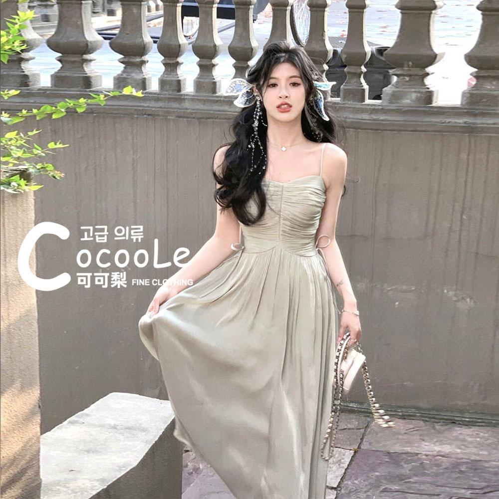韓版🇰🇷浪漫氛圍春夏新款高腰皺褶珠光閃閃亮紗法式洋裝 春夏洋裝 細肩帶洋裝 法式洋裝 婚禮洋裝 伴娘服 高級感洋裝-細節圖4
