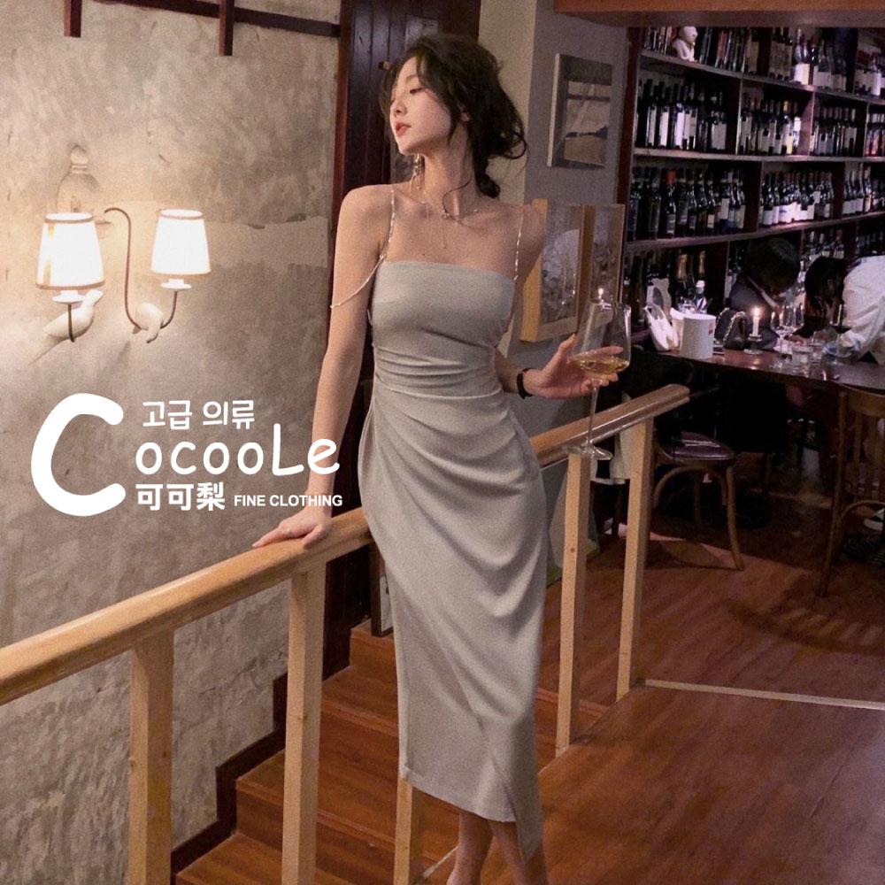 韓版🇰🇷慵懶氛圍法式浪漫水鑽雙肩帶(可拆)抓褶收腰洋裝 春季洋裝 法式洋裝 水鑽洋裝 收腰洋裝 婚宴洋裝 伴娘服 小禮服-細節圖4
