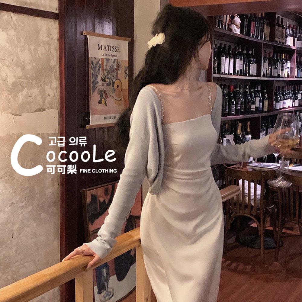 韓版🇰🇷慵懶氛圍法式浪漫水鑽雙肩帶(可拆)抓褶收腰洋裝 春季洋裝 法式洋裝 水鑽洋裝 收腰洋裝 婚宴洋裝 伴娘服 小禮服-細節圖7