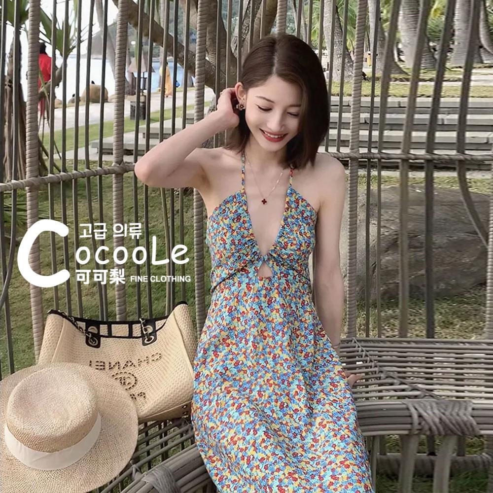 韓版🇰🇷渡假氛圍午後花園甜辣系綁帶掛脖挖空深V碎花洋裝 夏季洋裝 渡假洋裝 鏤空洋裝 沙灘洋裝 碎花洋裝 海島洋裝-細節圖3