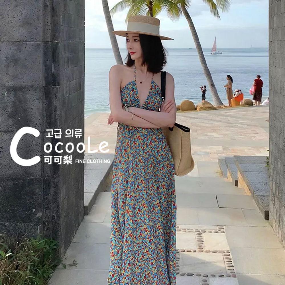 韓版🇰🇷渡假氛圍午後花園甜辣系綁帶掛脖挖空深V碎花洋裝 夏季洋裝 渡假洋裝 鏤空洋裝 沙灘洋裝 碎花洋裝 海島洋裝-細節圖4