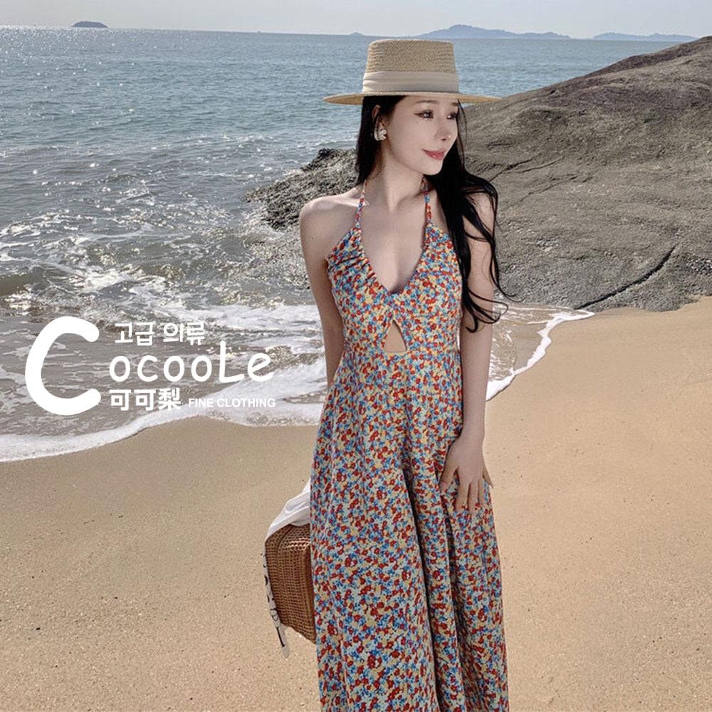 韓版🇰🇷渡假氛圍午後花園甜辣系綁帶掛脖挖空深V碎花洋裝 夏季洋裝 渡假洋裝 鏤空洋裝 沙灘洋裝 碎花洋裝 海島洋裝-細節圖6