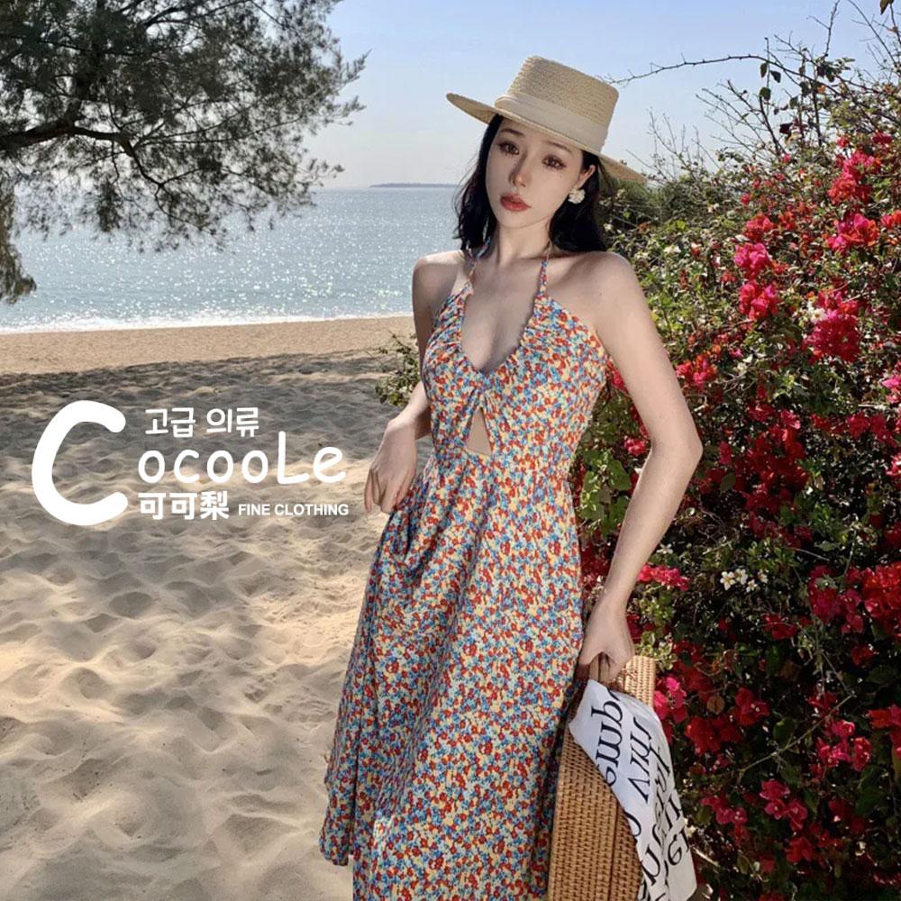 韓版🇰🇷渡假氛圍午後花園甜辣系綁帶掛脖挖空深V碎花洋裝 夏季洋裝 渡假洋裝 鏤空洋裝 沙灘洋裝 碎花洋裝 海島洋裝-細節圖8