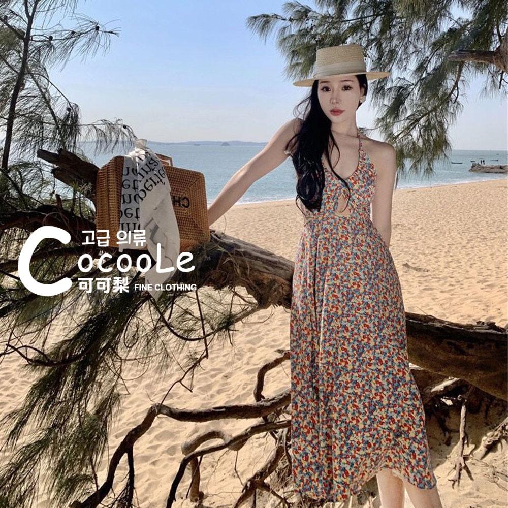 韓版🇰🇷渡假氛圍午後花園甜辣系綁帶掛脖挖空深V碎花洋裝 夏季洋裝 渡假洋裝 鏤空洋裝 沙灘洋裝 碎花洋裝 海島洋裝-細節圖9