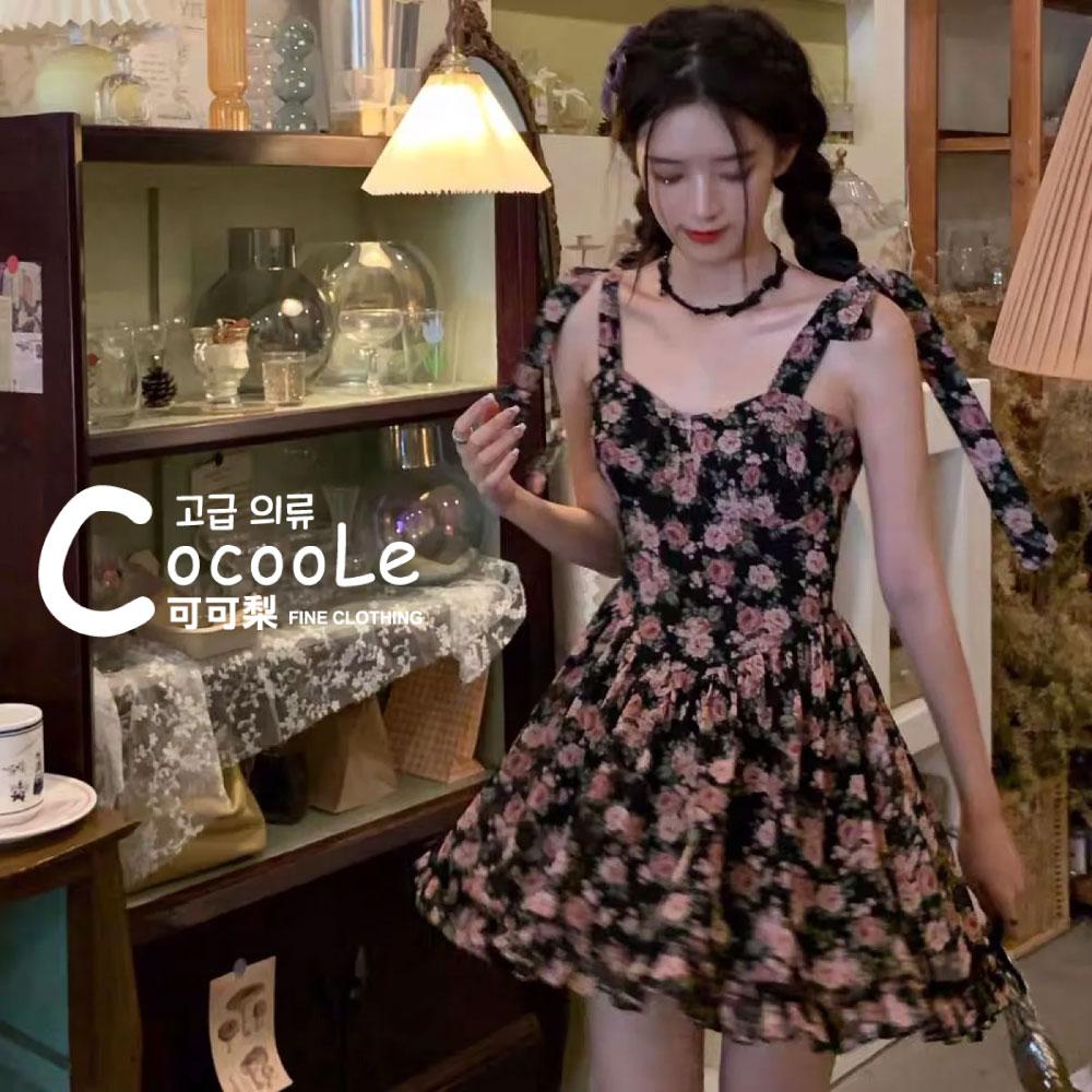 韓版🇰🇷浪漫氛圍月下薔薇法式初戀綁帶碎花雪紡洋裝 (附胸墊) 夏季洋裝 碎花洋裝 雪紡洋裝 收腰洋裝 A字洋裝 法式洋裝-細節圖5