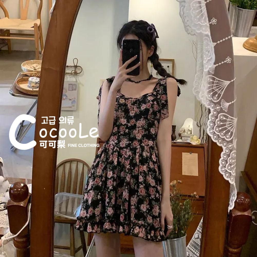 韓版🇰🇷浪漫氛圍月下薔薇法式初戀綁帶碎花雪紡洋裝 (附胸墊) 夏季洋裝 碎花洋裝 雪紡洋裝 收腰洋裝 A字洋裝 法式洋裝-細節圖7