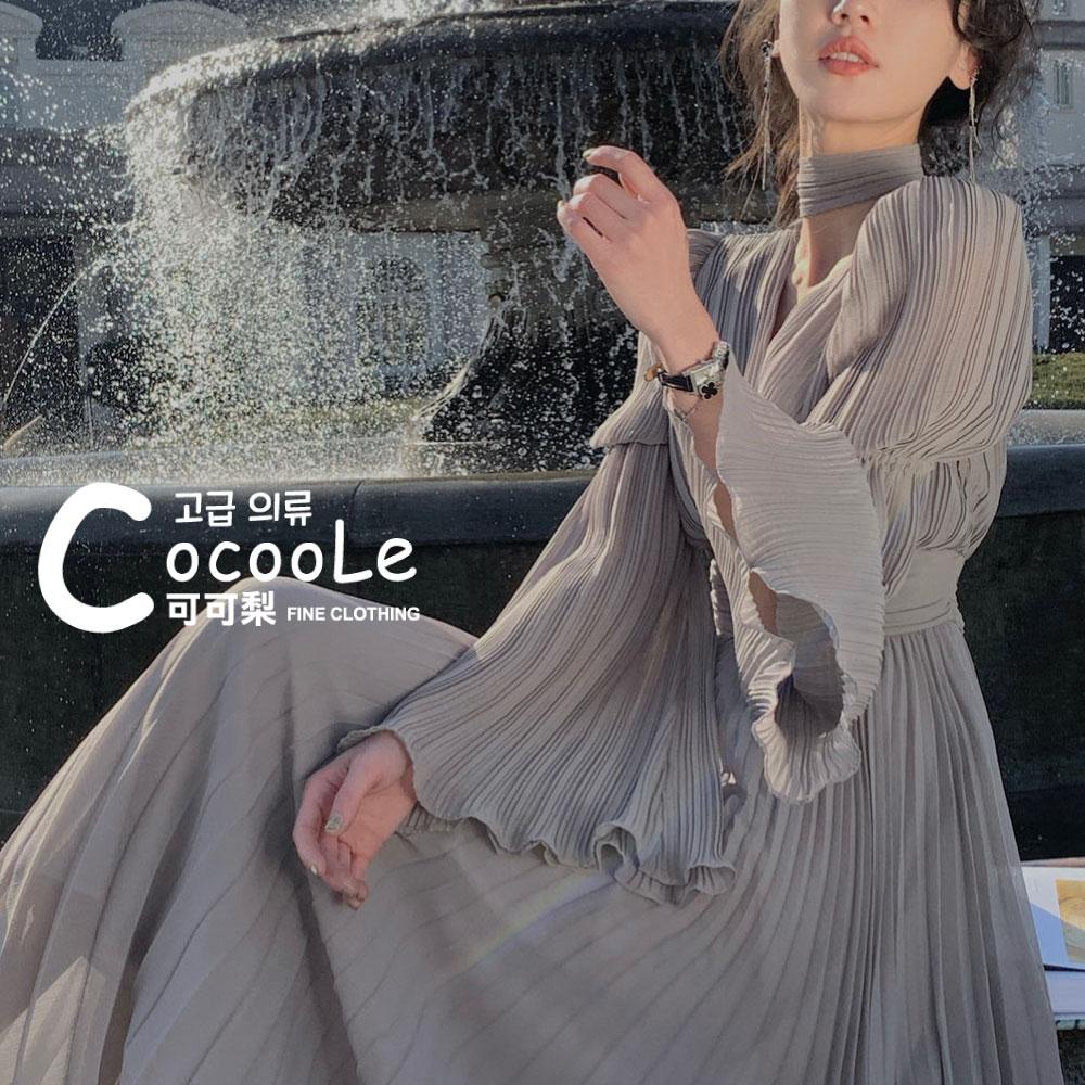 韓版浪漫氛圍春季新款氣質維納斯深V百褶收腰雪紡洋裝 春季洋裝 V領洋裝 百褶洋裝 雪紡洋裝 氣質洋裝 收腰洋裝 婚宴洋裝-細節圖7
