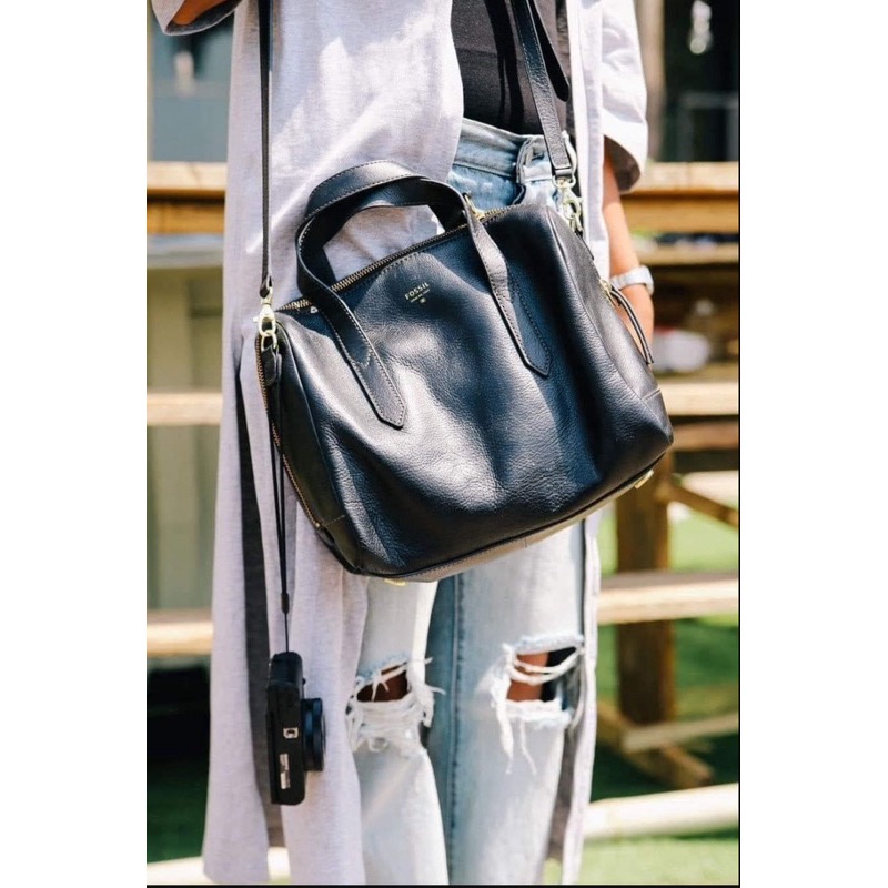 全新。Fossil Sydney黑 全皮革波士頓包-細節圖3