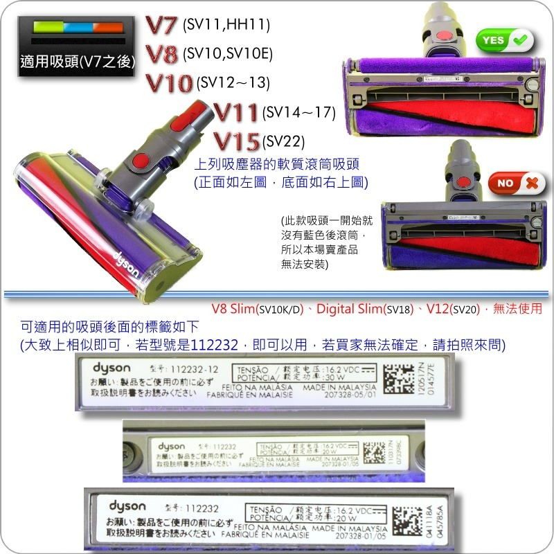 #鈺珩#Dyson原廠【後滾筒】適用：軟質碳纖維滾筒吸頭SV10 SV10E軟絨毛刷滾筒V11 SV14 SV15小滾筒-細節圖4