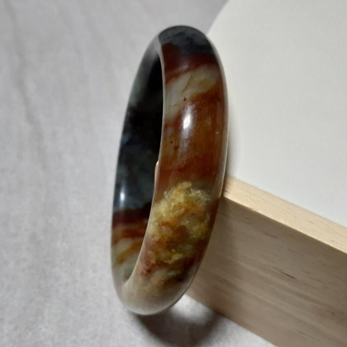 【三寶坊】天然岫玉手鐲 花玉 地球藍半壁黃紅 61圈口 地球藍 湖水藍 平安鐲 手鐲大圈口 N189-細節圖3